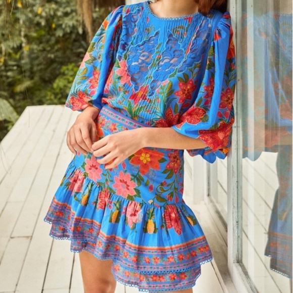 Farm Rio Blue Tropical Tapestry Floral Mini Skirt (Small) - Picture 8 of 9